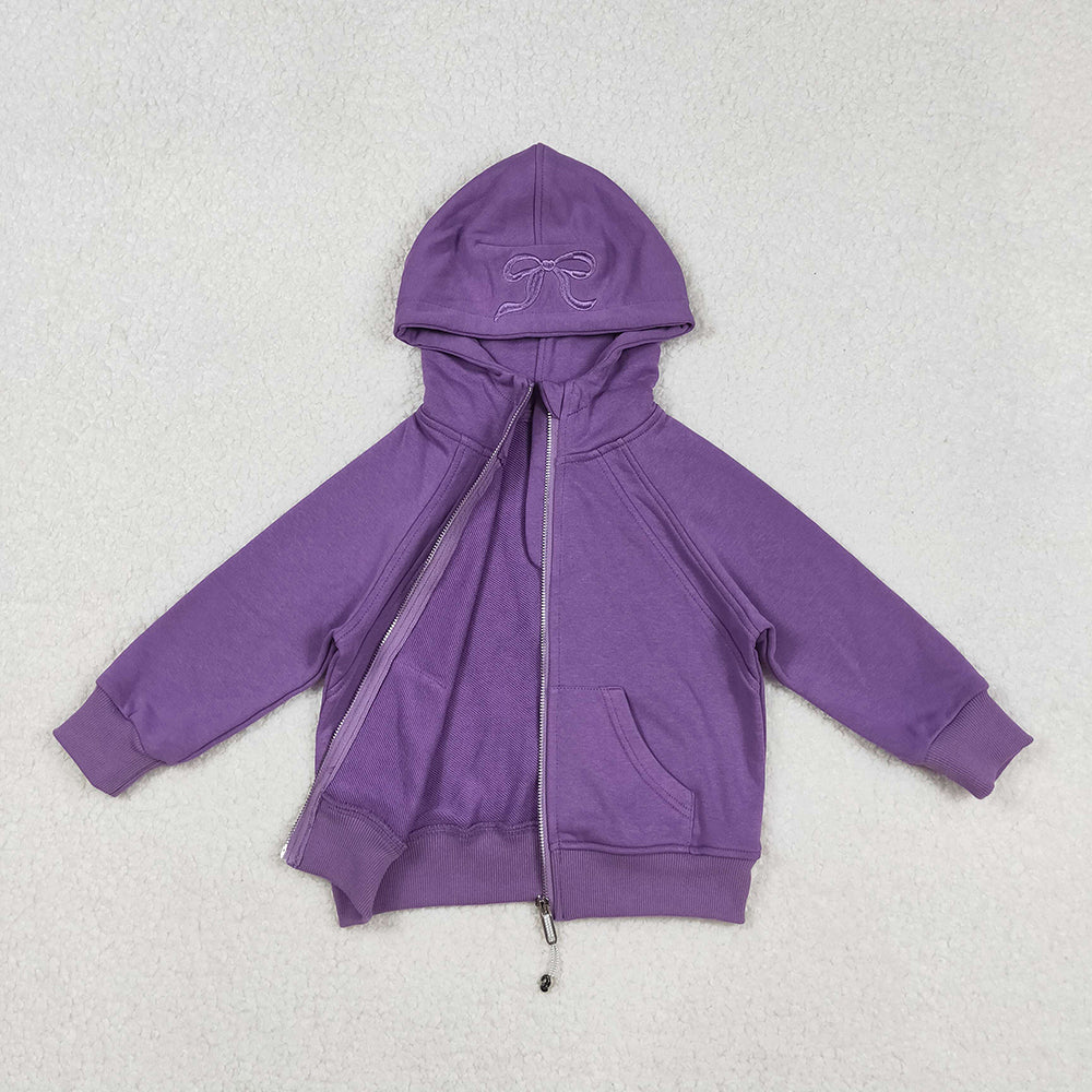 USA Shop Embroidery Bows Baby Girls Purple Long Sleeve Zipper Pockets Hoodies Jackets Top