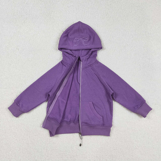 USA Shop Embroidery Bows Baby Girls Purple Long Sleeve Zipper Pockets Hoodies Jackets Top