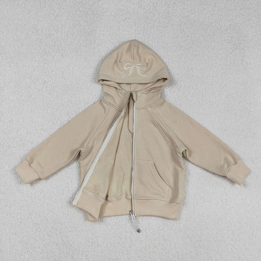 USA Shop Embroidery Bows Baby Girls Khaki Long Sleeve Zipper Pockets Hoodies Jackets Top