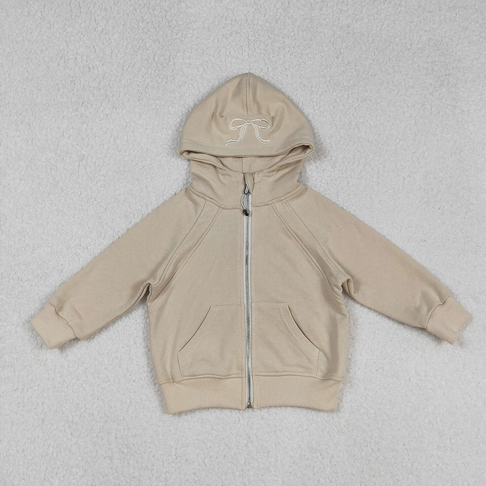 USA Shop Embroidery Bows Baby Girls Khaki Long Sleeve Zipper Pockets Hoodies Jackets Top