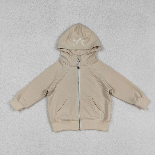 USA Shop Embroidery Bows Baby Girls Khaki Long Sleeve Zipper Pockets Hoodies Jackets Top
