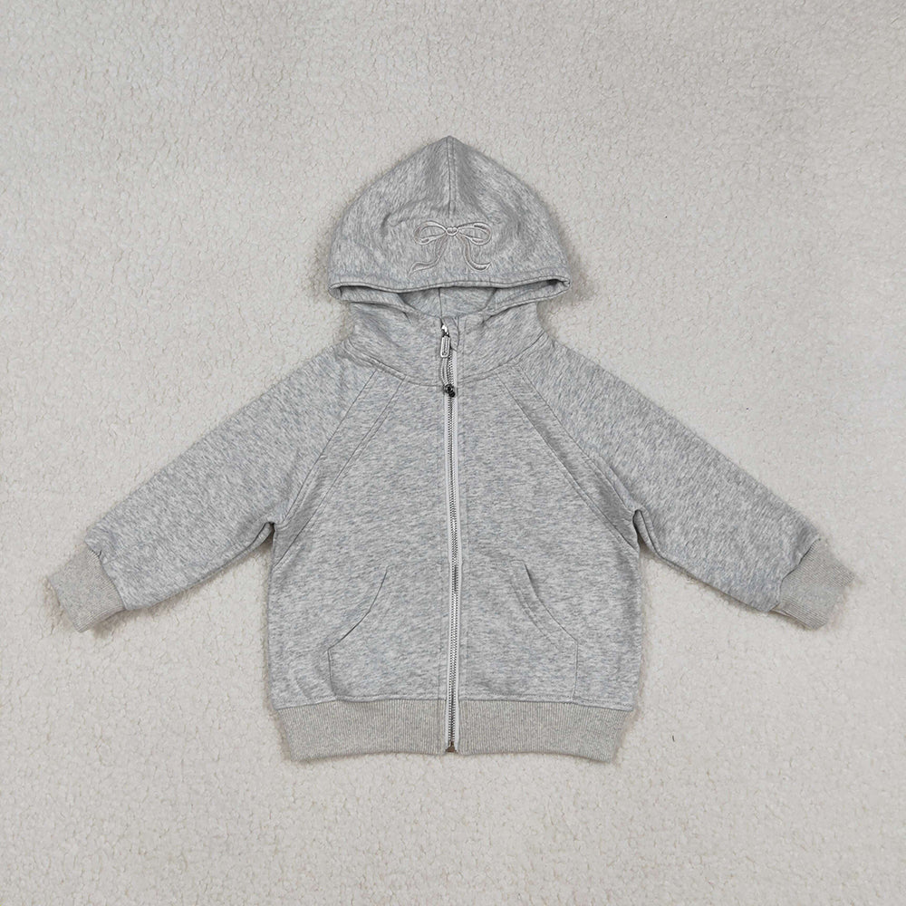 USA Shop Embroidery Bows Baby Girls Grey Long Sleeve Zipper Pockets Hoodies Jackets Top
