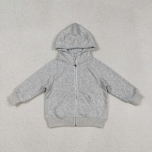 USA Shop Embroidery Bows Baby Girls Grey Long Sleeve Zipper Pockets Hoodies Jackets Top