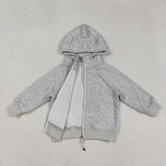 USA Shop Embroidery Bows Baby Girls Grey Long Sleeve Zipper Pockets Hoodies Jackets Top