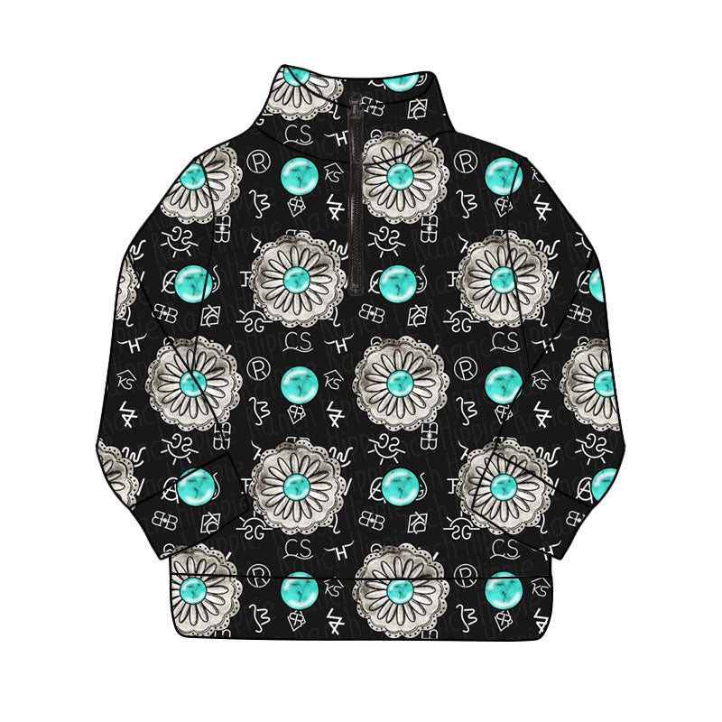 Baby Girls Black Long Sleeve Western Turquoises Yoga Zipper Pullovers Top Preorder