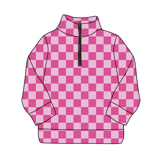 Baby Girls Long Sleeve Pink Checked Yoga Zipper Pullovers Top Preorder