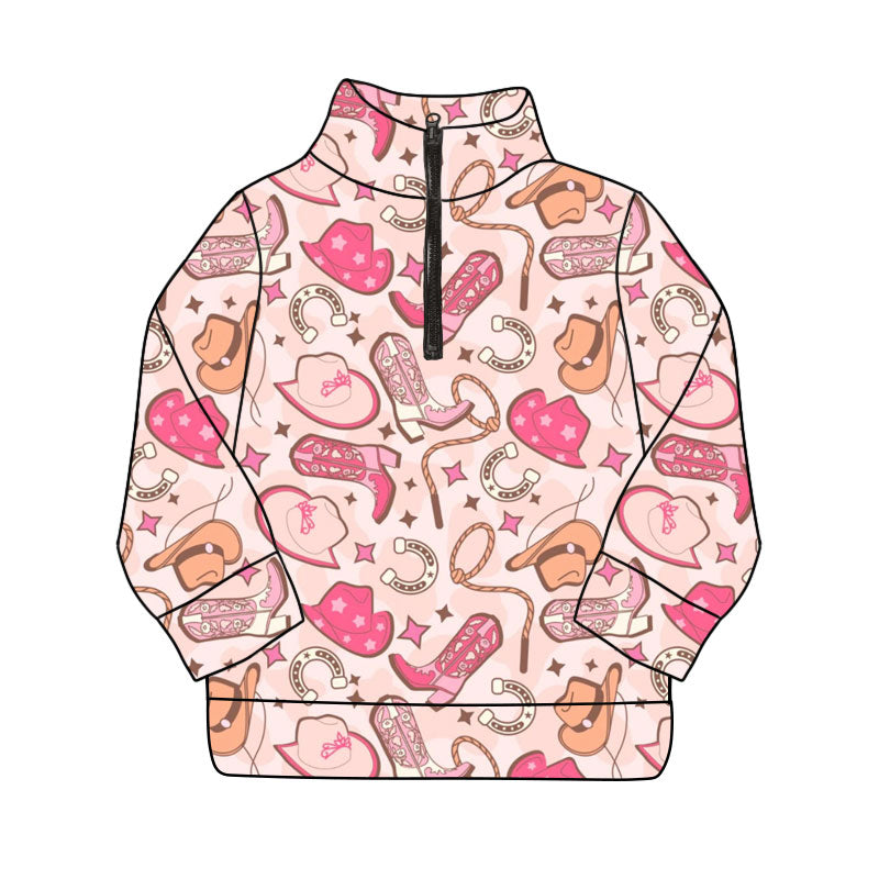 Baby Girls Long Sleeve Western Pink Hats Boots Yoga Zipper Pullovers Top Preorder