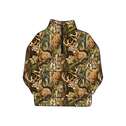Adult Women Western Deer Pocket Zipper Yoga Pullover Tops