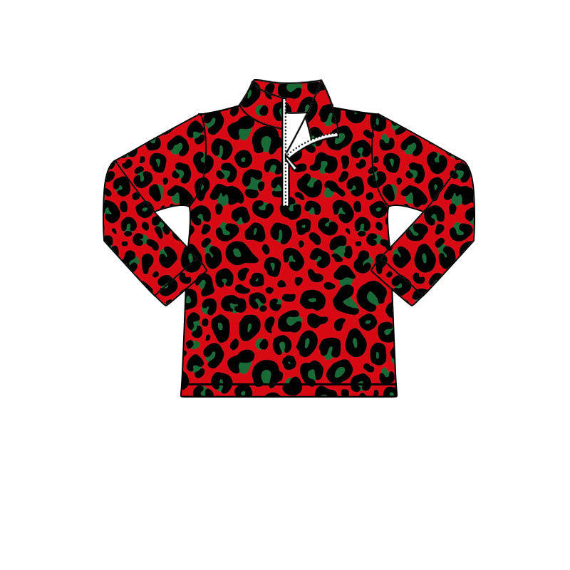 Baby Boys Long Sleeve Red Green Leopard Christmas Zipper Pullovers Top Preorder