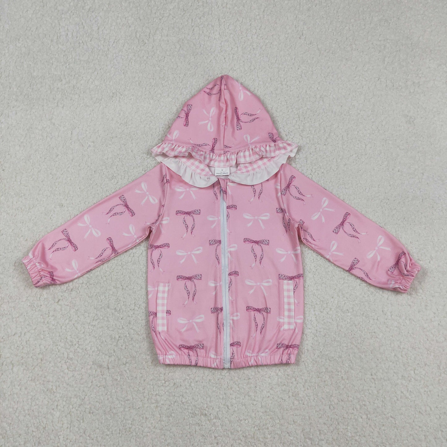 Sibling Baby Girls Long Sleeve Bows Checked Mouths Ruffle Hoodie Zip Pockets Jackets Top