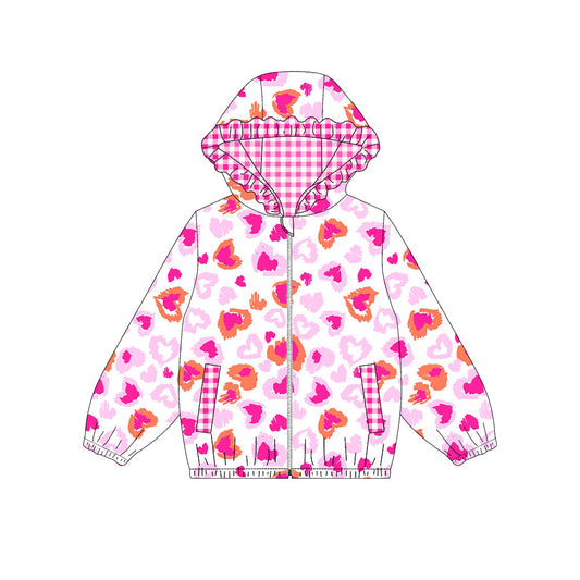Baby Girls Pink Hearts Leopard Pocket Zipper Ruffle Hoodies Jackets Top Preorder