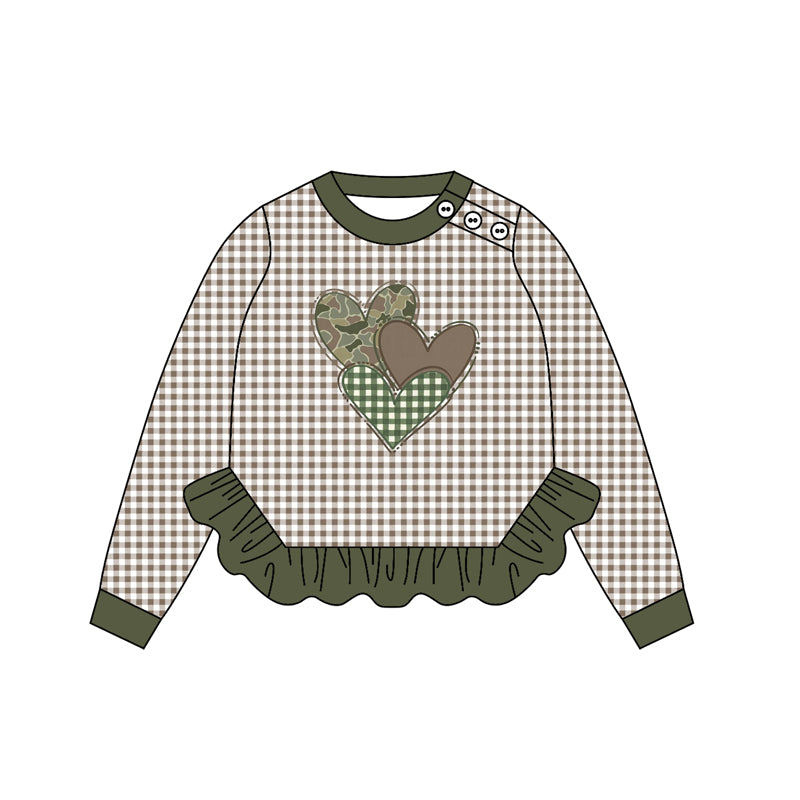 Baby Girls Green Checked Camo Hearts Valentine Ruffle Tee Shirts Top Preorder