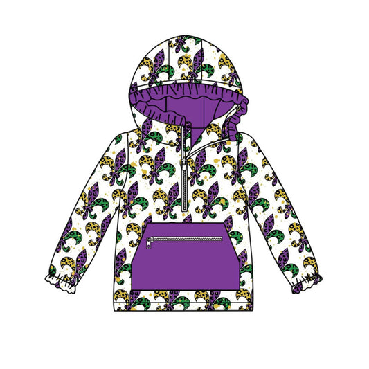 Baby Girls Mardigras Anchors Checked Zipper Pocket Ruffle Hoodies Top Preorder