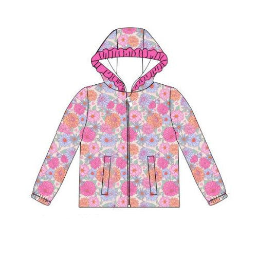 Baby Girls Hot Pink Flowers Pockets Zipper Ruffle Hoodies Top Preorder