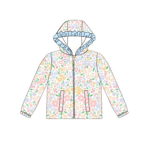 Baby Girls Blue Pink Flowers Pockets Zipper Ruffle Hoodies Top Preorder