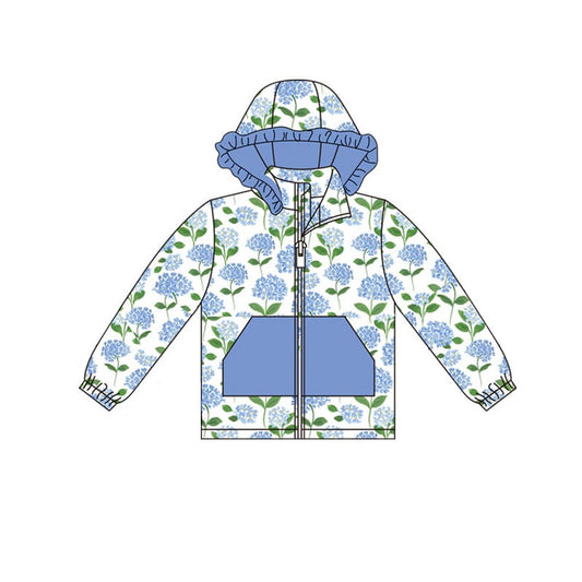 Baby Girls Blue Flowers Pocket Zipper Ruffle Hoodies Jackets Top Preorder