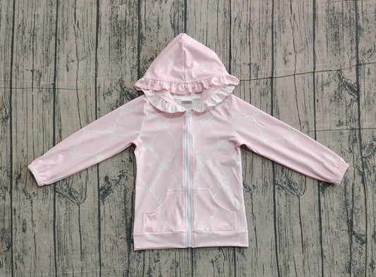 Baby Girls Pink Bows Checked Pocket Zipper Ruffle Hoodies Jackets Top Preorder