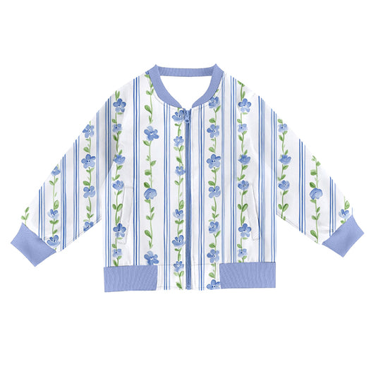Baby Girls Blue Flowers Stripe Pocket Zipper Jackets Top Preorder