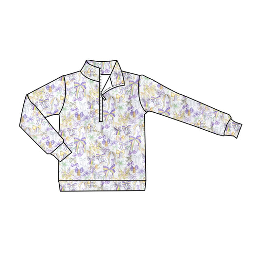 Baby Girls Long Sleeve Mardigras Bows Zipper Pullovers Top Preorder
