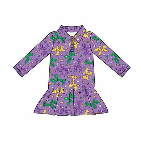 Baby Girls Purple Long Sleeve Stars Dogs Mardigras Button Ruffle Top Preorder