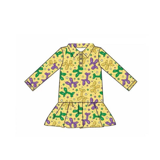 Baby Girls Yellow Long Sleeve Stars Dogs Mardigras Button Ruffle Top Preorder