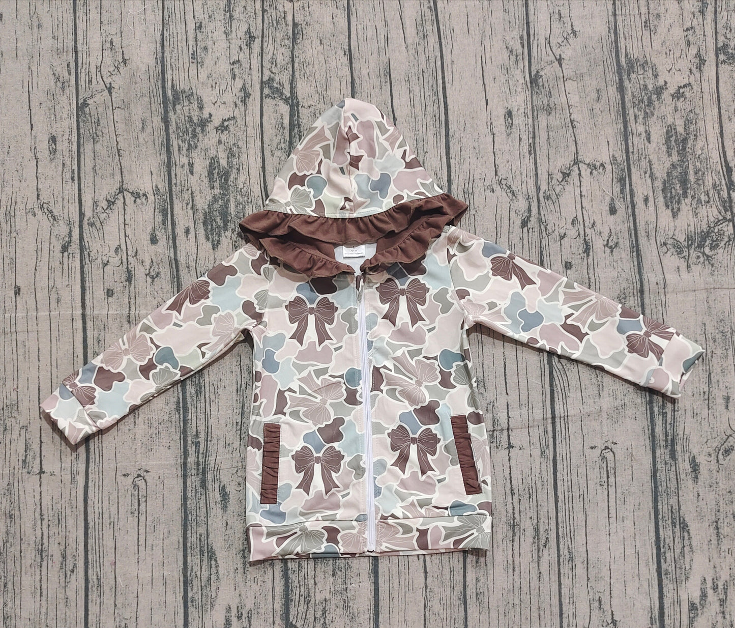 Baby Girls Bows Camo Pockets Zipper Hunting Ruffle Hoodies Top