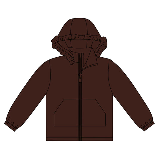 Baby Girls Brown Long Sleeve Pockets Zipper Yoga Ruffle Hoodie Jackets Preorder