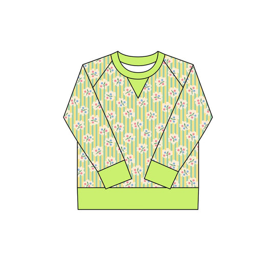 Baby Girls Green Stripe Flowers Long Sleeve Yoga Tee Shirts Top Preorder