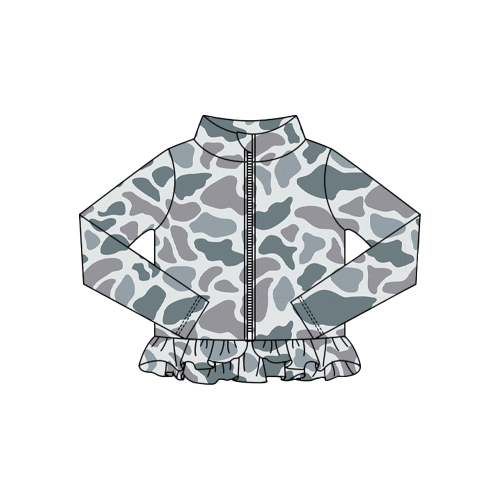 Baby Girls Grey Camo Ruffle Yoga Zipper Jackets Top Preorder