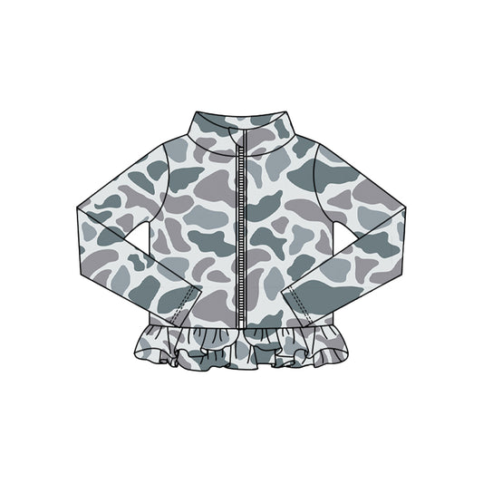 Baby Girls Grey Camo Ruffle Yoga Zipper Jackets Top Preorder