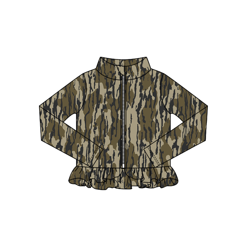 Baby Girls Olive Camo Ruffle Yoga Zipper Jackets Top Preorder