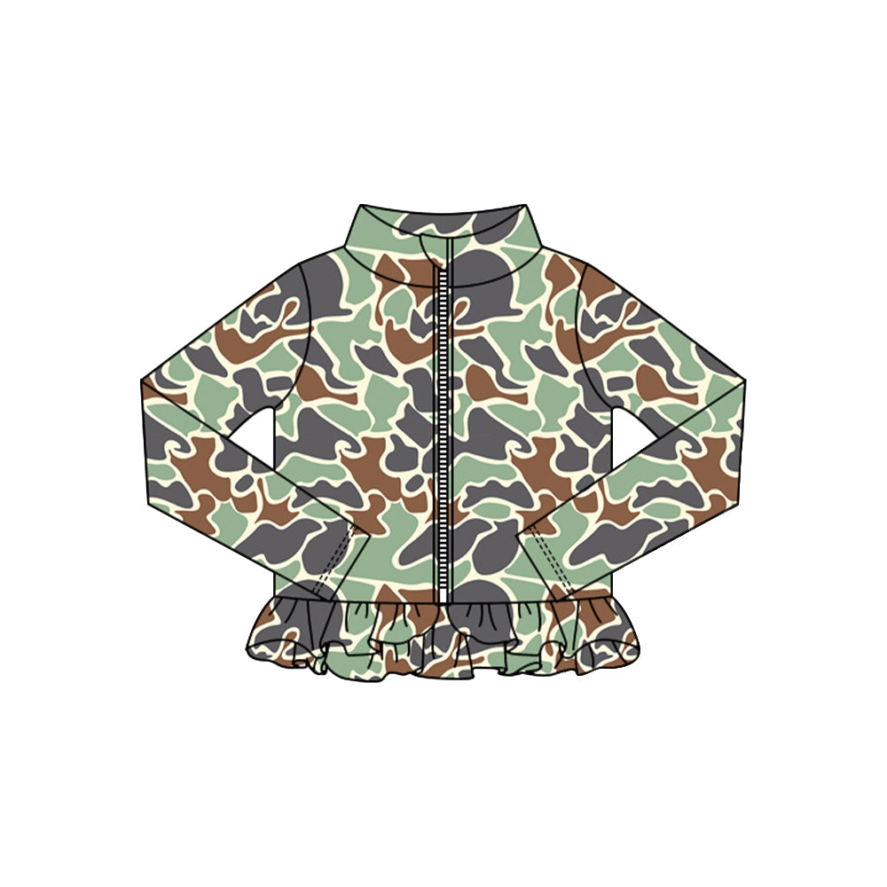 Baby Girls Green Camo Ruffle Yoga Zipper Jackets Top Preorder