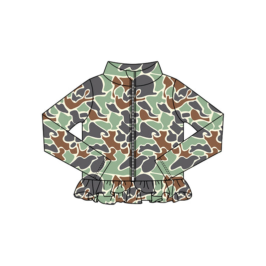 Baby Girls Green Camo Ruffle Yoga Zipper Jackets Top Preorder
