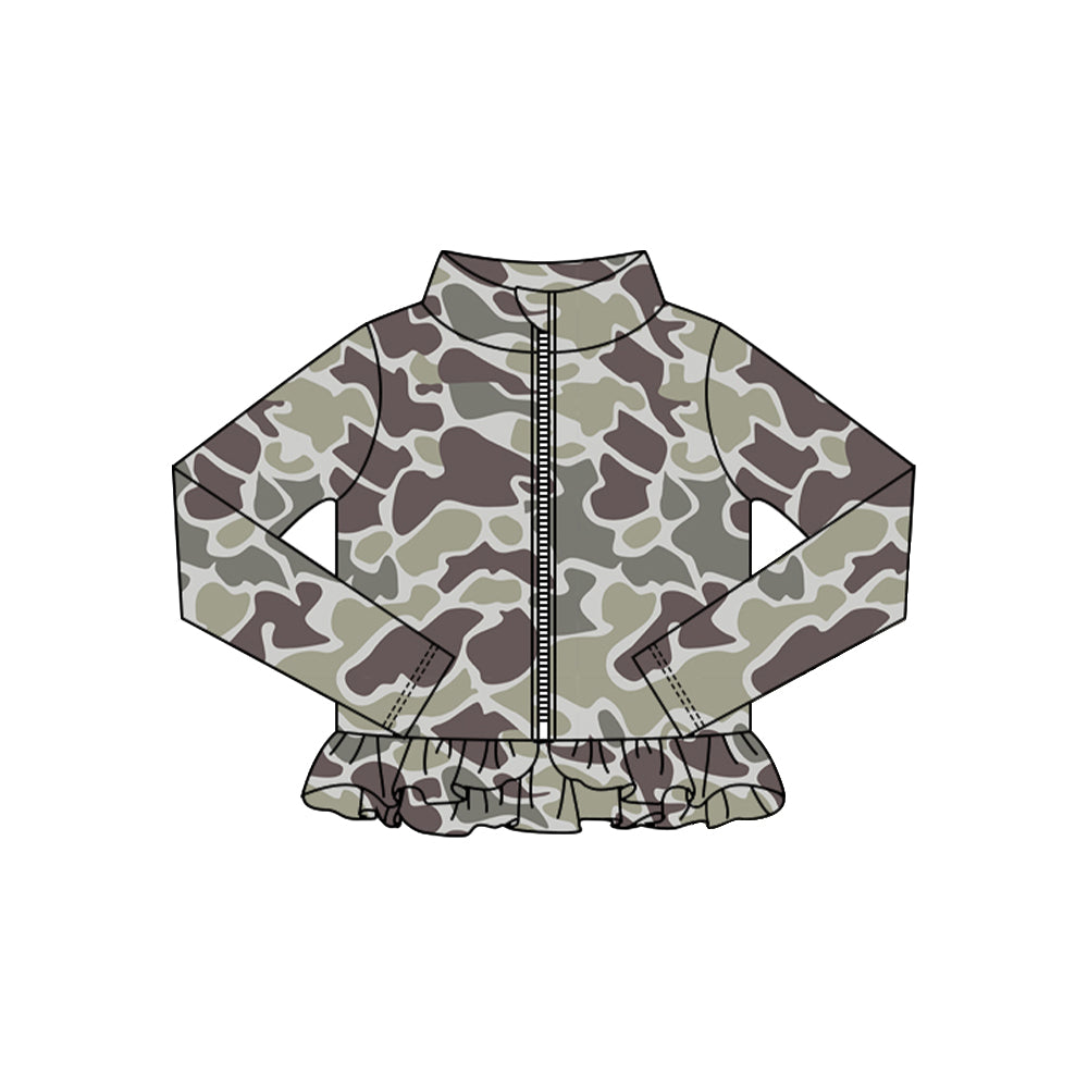 Baby Girls Brown Camo Ruffle Yoga Zipper Jackets Top Preorder
