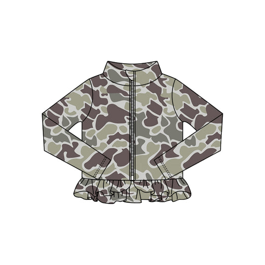Baby Girls Brown Camo Ruffle Yoga Zipper Jackets Top Preorder