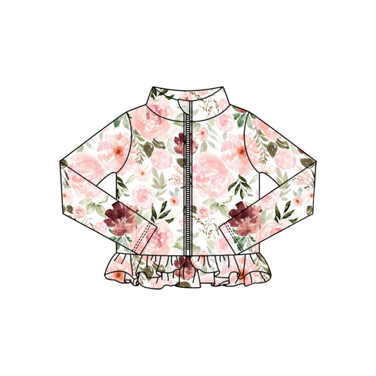 Baby Girls Pink Flowers Ruffle Yoga Zipper Jackets Top Preorder