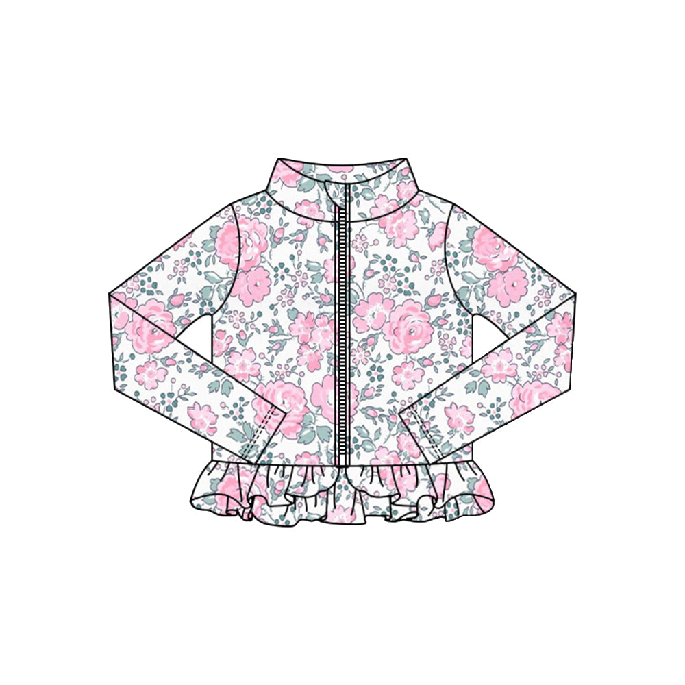 Baby Girls Pink Flowers Ruffle Yoga Zipper Jackets Top Preorder