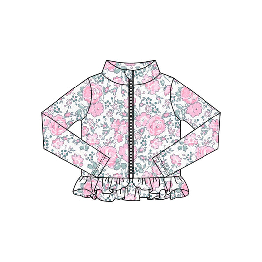 Baby Girls Pink Flowers Ruffle Yoga Zipper Jackets Top Preorder