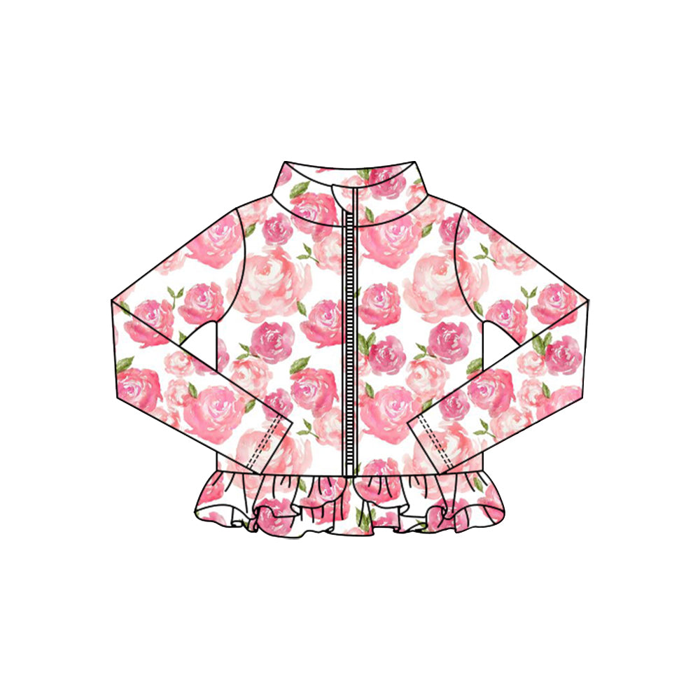 Baby Girls Pink Flowers Ruffle Yoga Zipper Jackets Top Preorder