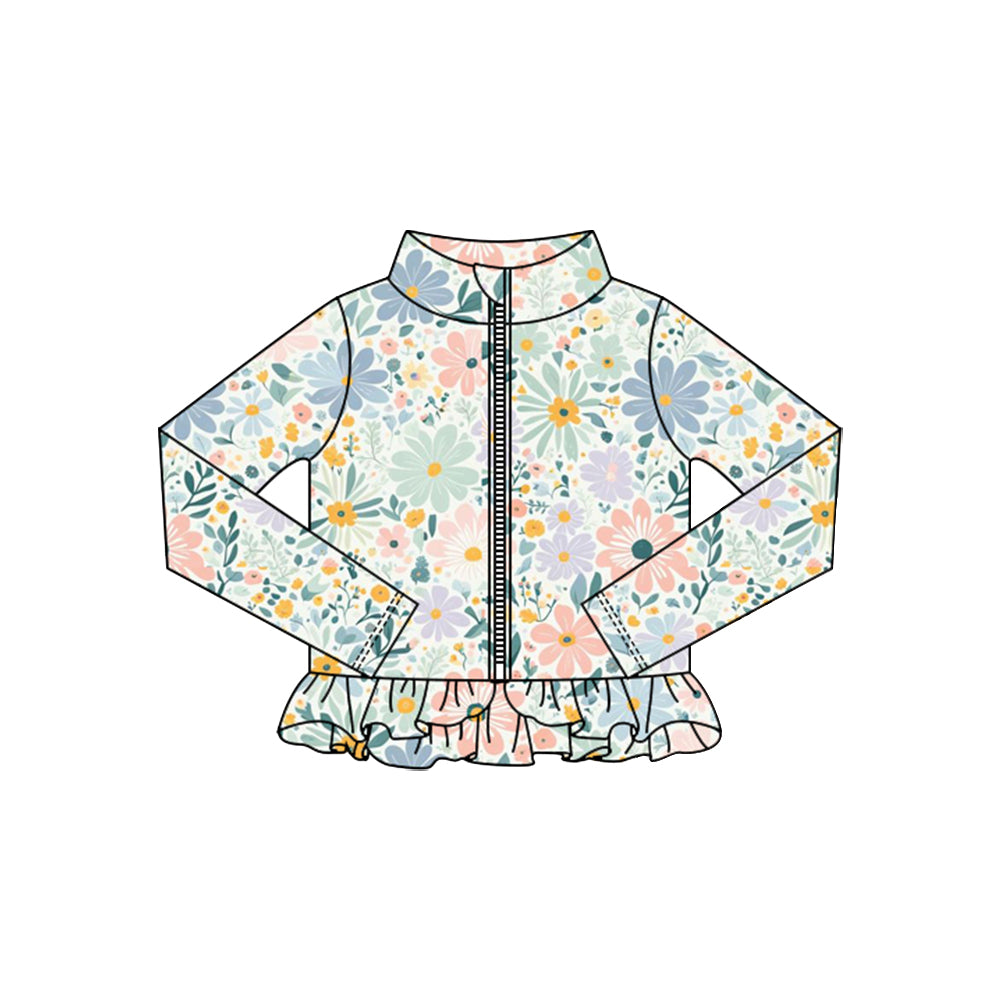 Baby Girls Pink Blue Flowers Ruffle Yoga Zipper Jackets Top Preorder