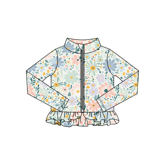 Baby Girls Pink Blue Flowers Ruffle Yoga Zipper Jackets Top Preorder