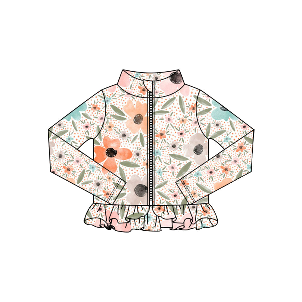 Baby Girls Pink Blue Flowers Ruffle Yoga Zipper Jackets Top Preorder
