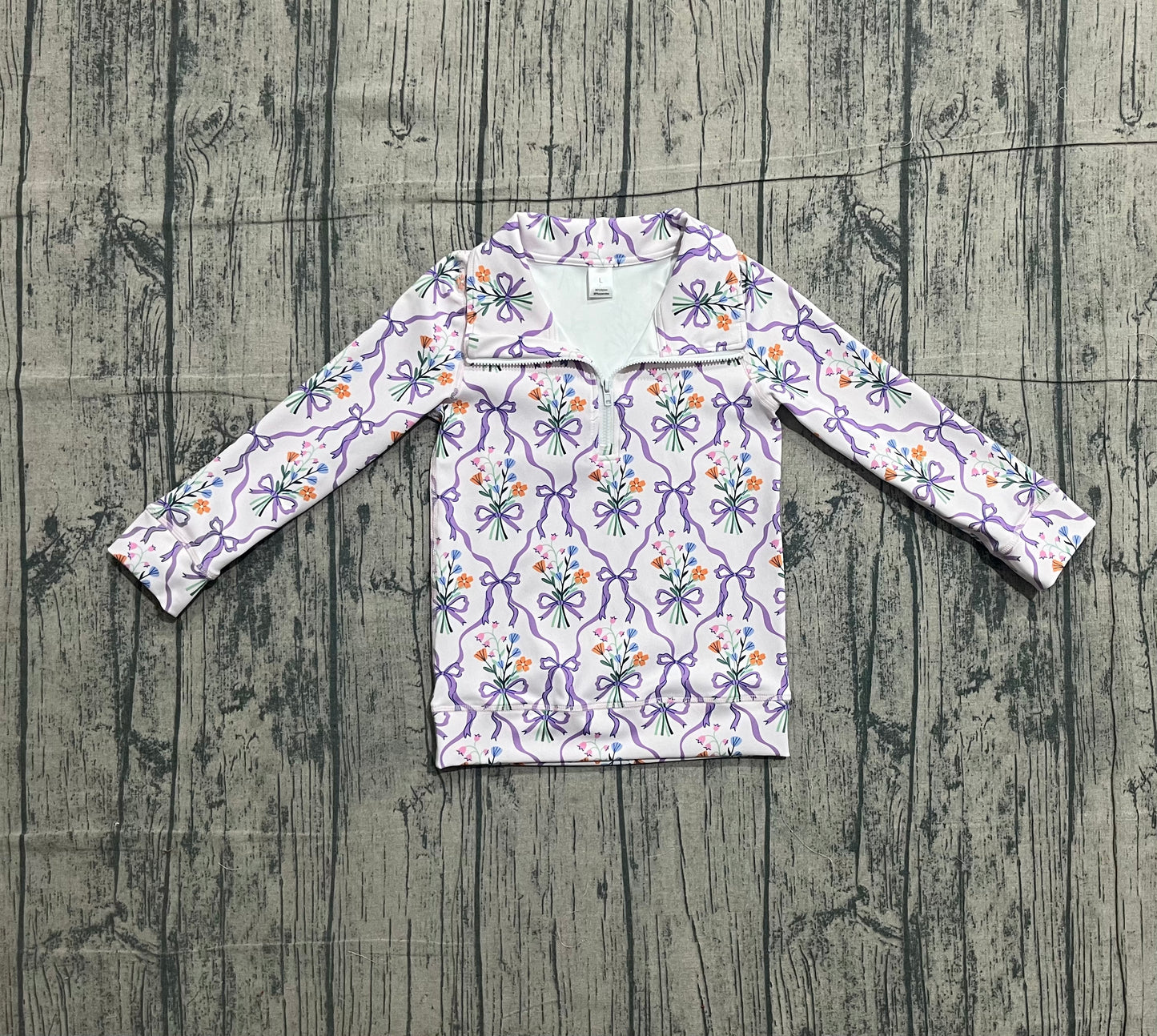 Baby Girls Purple Bows Flowers Checked Yoga Zipper Pullovers Top Preorder