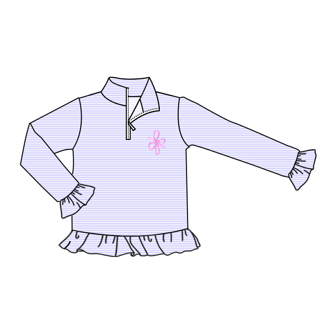 Baby Girls Long Ruffle Sleeve Lavender Stripes Bows Zipper Pullovers Top Preorder