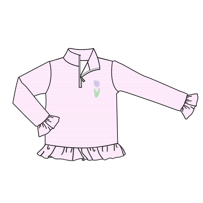 Baby Girls Long Ruffle Sleeve Pink Stripes Flowers Zipper Pullovers Top Preorder