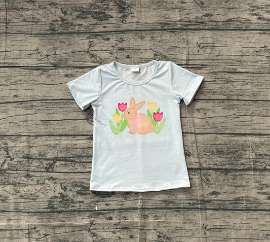 Baby Girls Blue Short Sleeve Flowers Rabbits Easter T-shirts Top