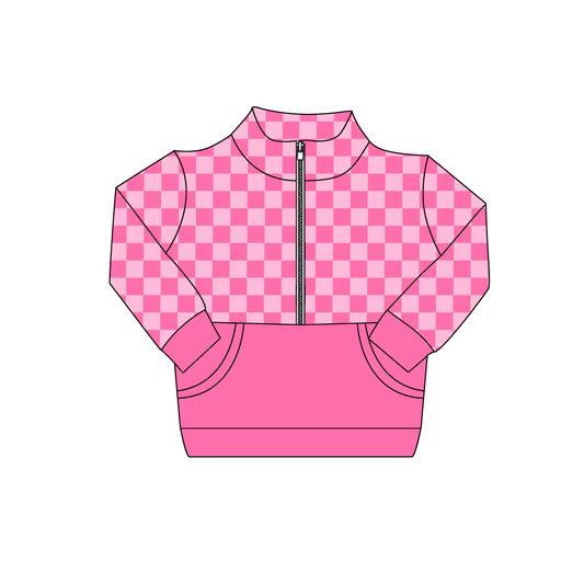 Baby Girls Pink Checked Long Sleeve Zipper Pockets Pullovers Top Preorder