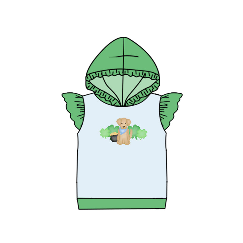 Baby Girls Green Flutter Sleeve Clovers Dogs St Patrick Ruffle Hoodies Top Preorder