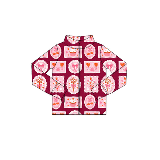 Baby Girls Long Sleeve Hearts Cakes Checked Zipper Pockets Valentine Yoga Jackets Top Preorder
