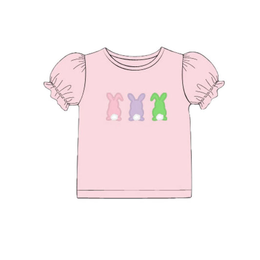 Baby Girls Pink Short Ruffle Sleeve Colorful Rabbits Easter T-shirts Top Preorder